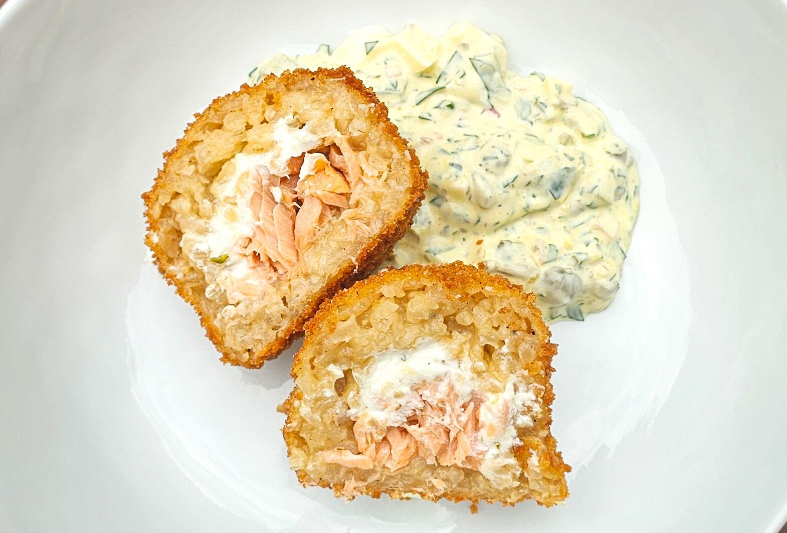 Lightly Smoked Salmon Arancini with Sauce Gribiche