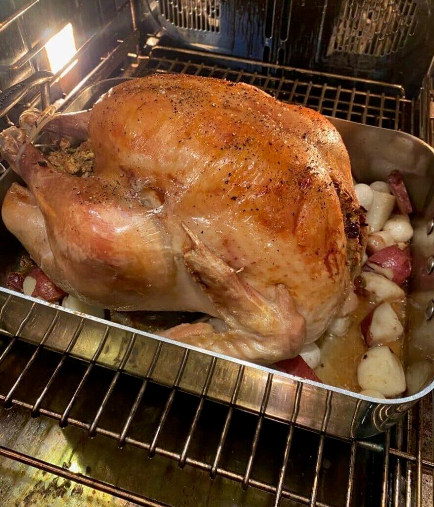 Roast turkey in the oven.