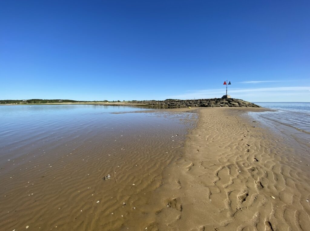 Low tide at the end of a jetty in Wellfleet, Cape Cod.