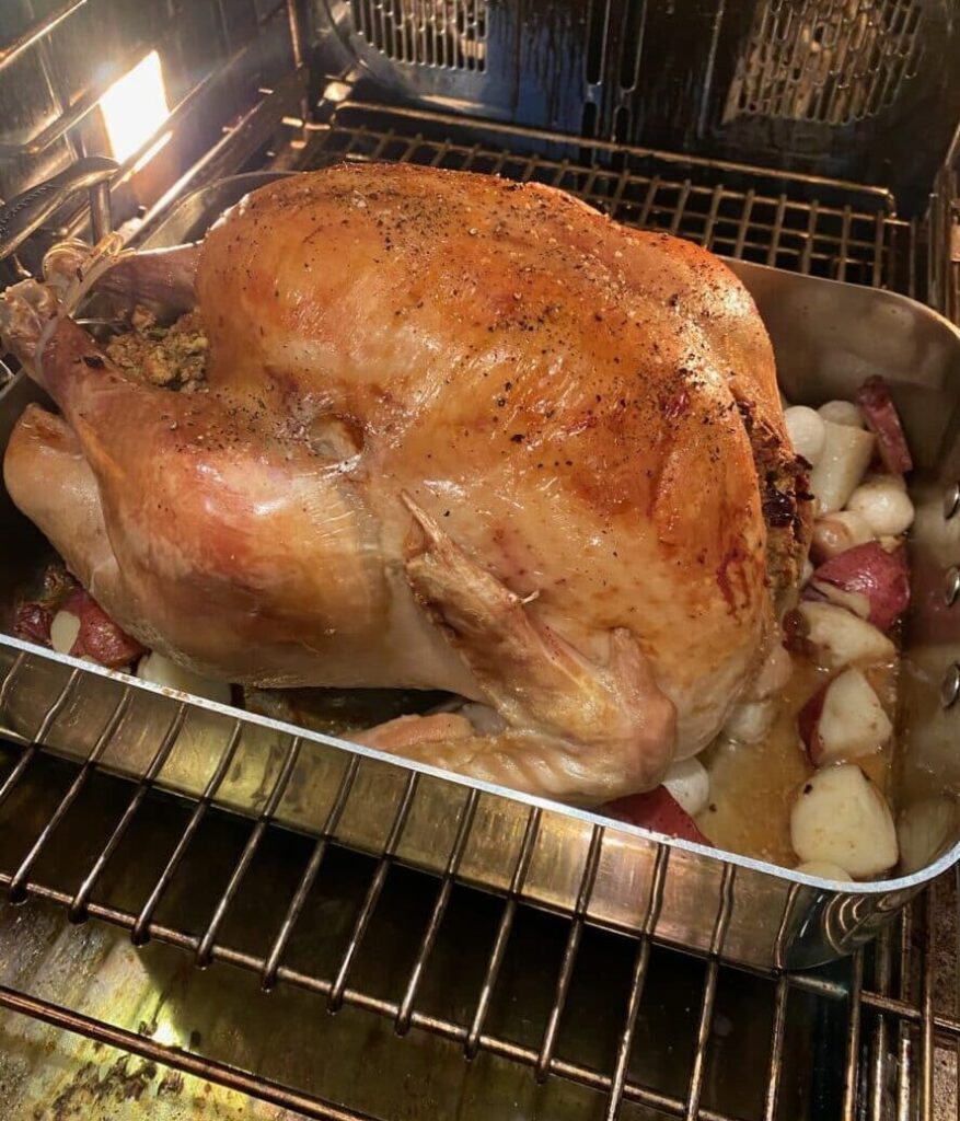 Roast turkey in the oven.