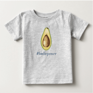 Grey jersey T-shirt for kids featuring an avocado print with the hashtag '#foodiepower' below.