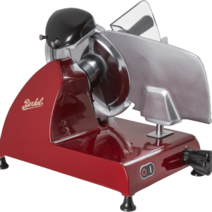 Red Berkel meat slicer from a side angle