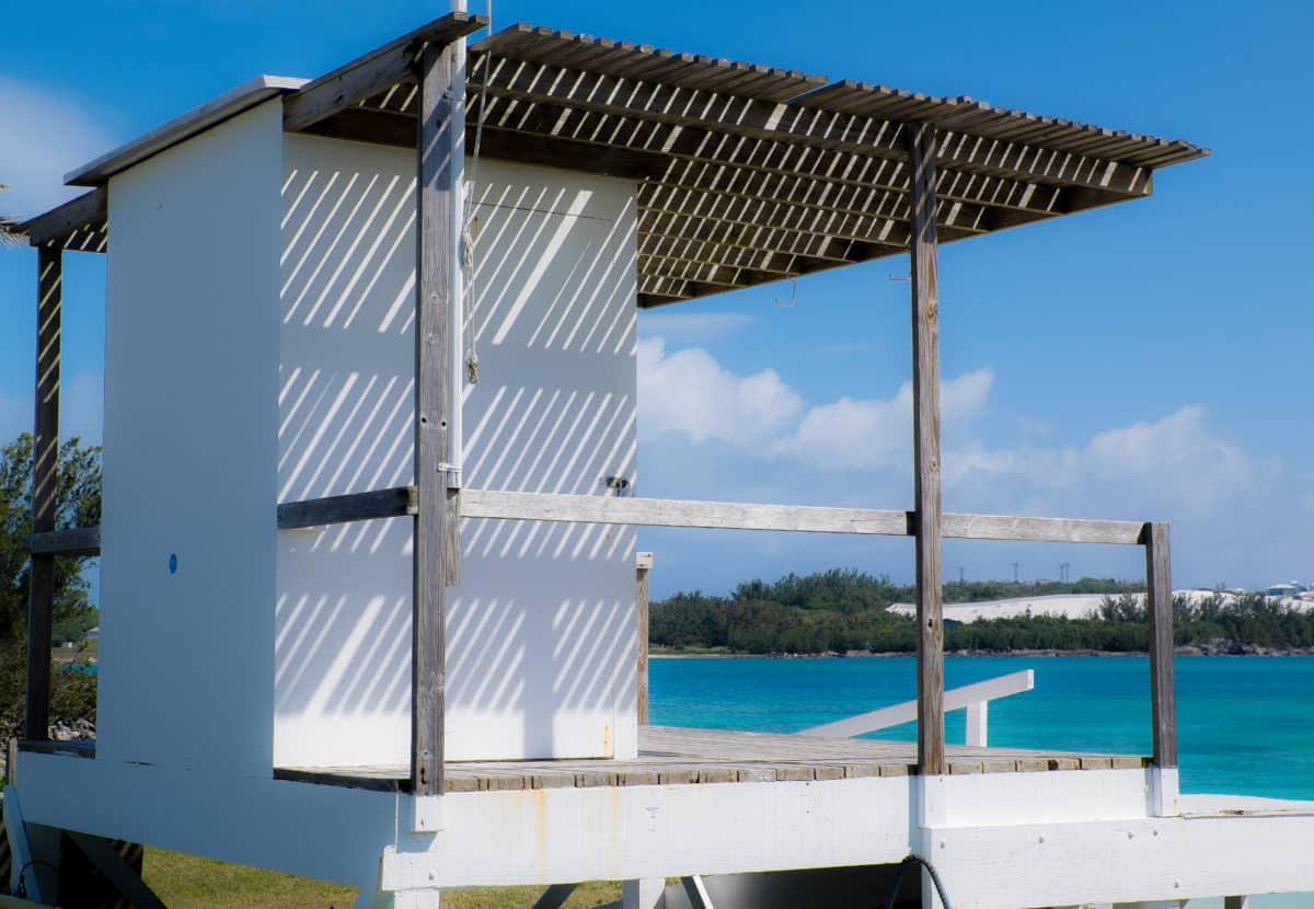 A shelter on a raised platform, on a beach in Bermuda