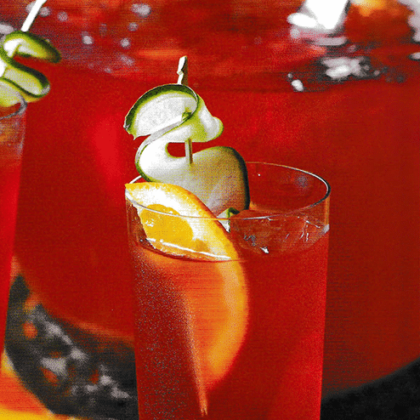 Two elegantly garnished red cocktails with citrus and cucumber slices.