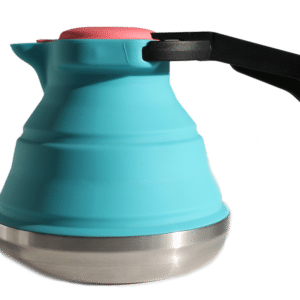 Aqua-colored collapsible Nautical Scout tea kettle with a black handle.