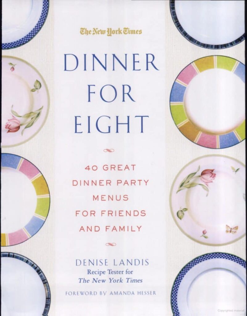 Book cover of "Dinner for Eight" featuring decorative plates and elegant text.