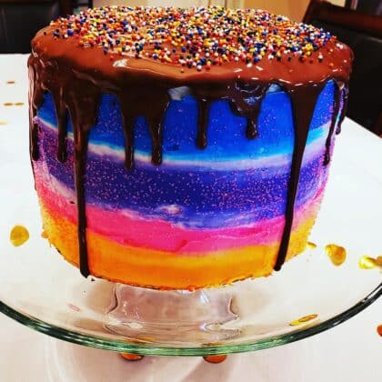 Multi-layered colorful cake with colored sprinkles