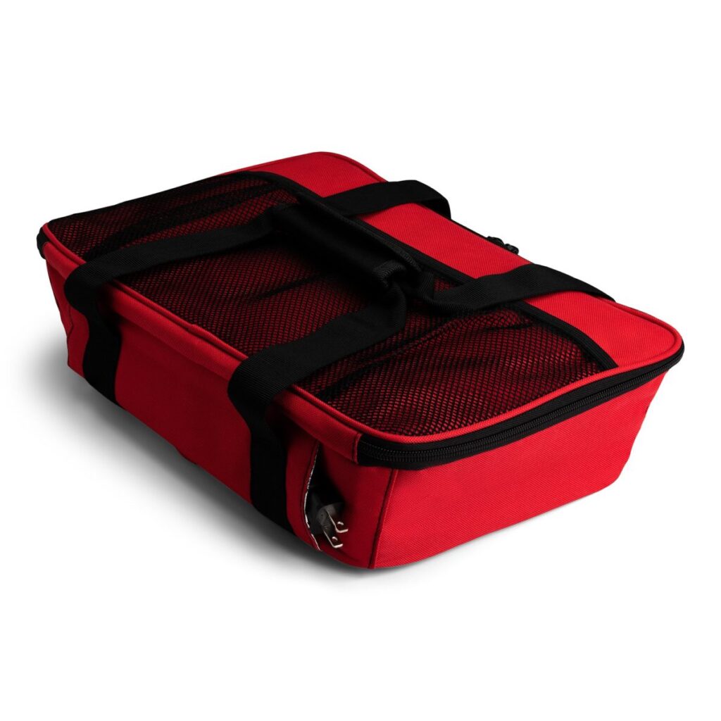 Red portable Hot Logic food warmer with mesh viewing windows.