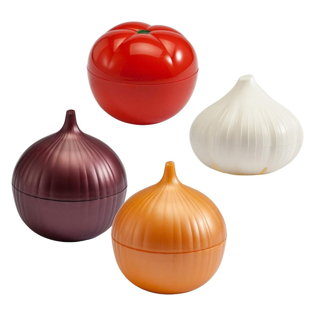 Onion, garlic and tomato shaped vegetable keepers