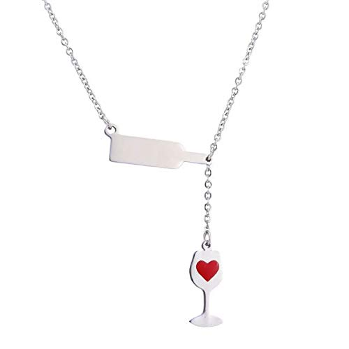 Necklace featuring a wine glass pouring into a glass, with a red heart on it