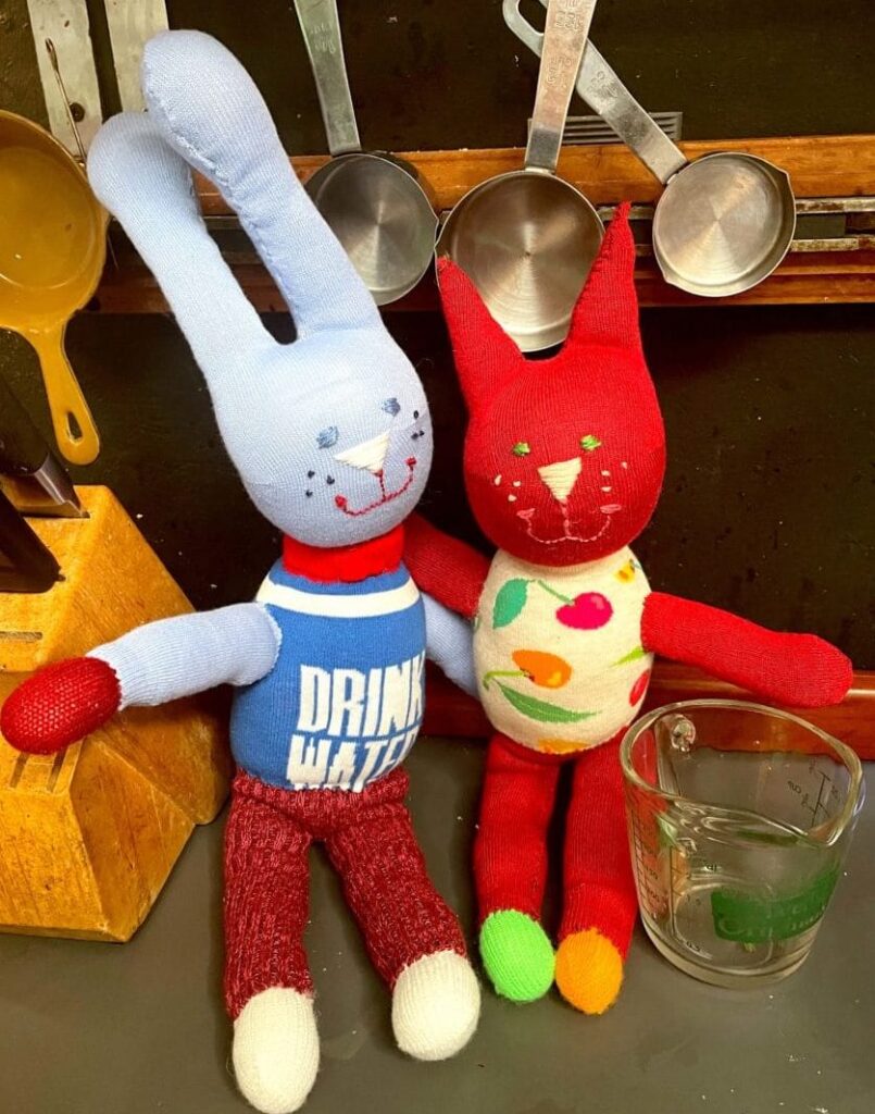 Knitted kitchen-themed sock dolls