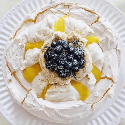 Top view of a lemon and blueberry topped pavlova.