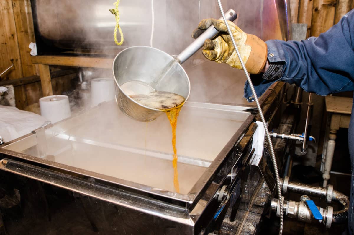 A man pours maple syrup in the boiler to check if it's ready