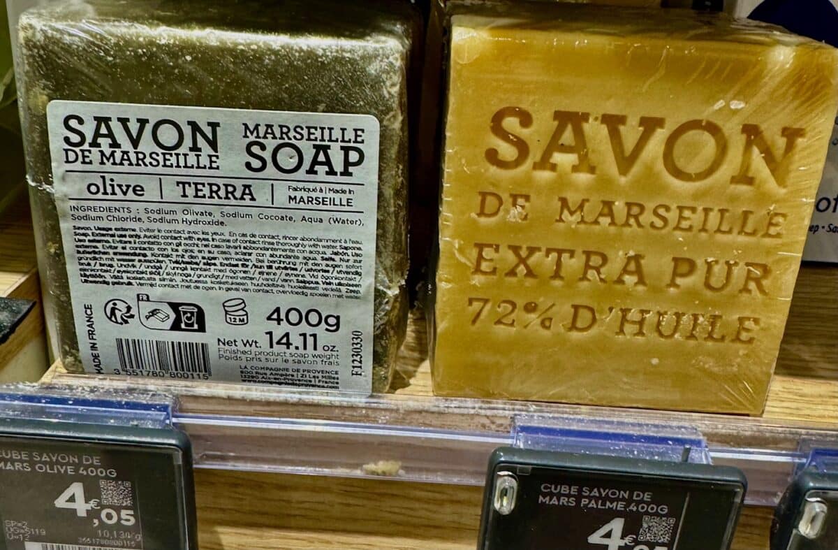 Bars of French soap on display at a supermarket