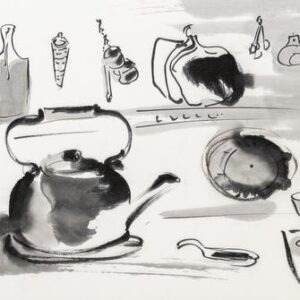 Artistic sketch of a kettle and kitchen accessories