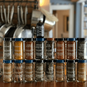 Assorted Morton & Bassett spice bottles displayed in a row