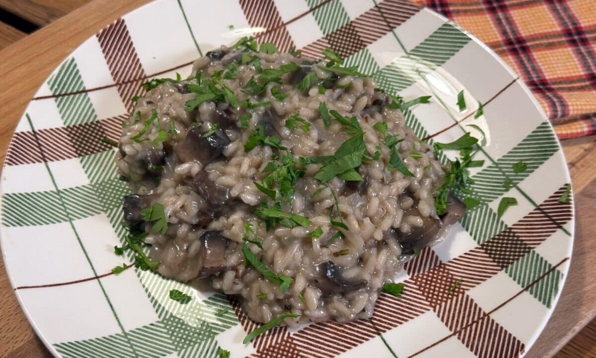 mushroom risotto with flowering hyssop thyme on a plate