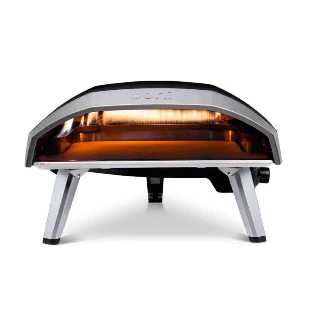 Ooni Koda 16 pizza oven with flames visible inside