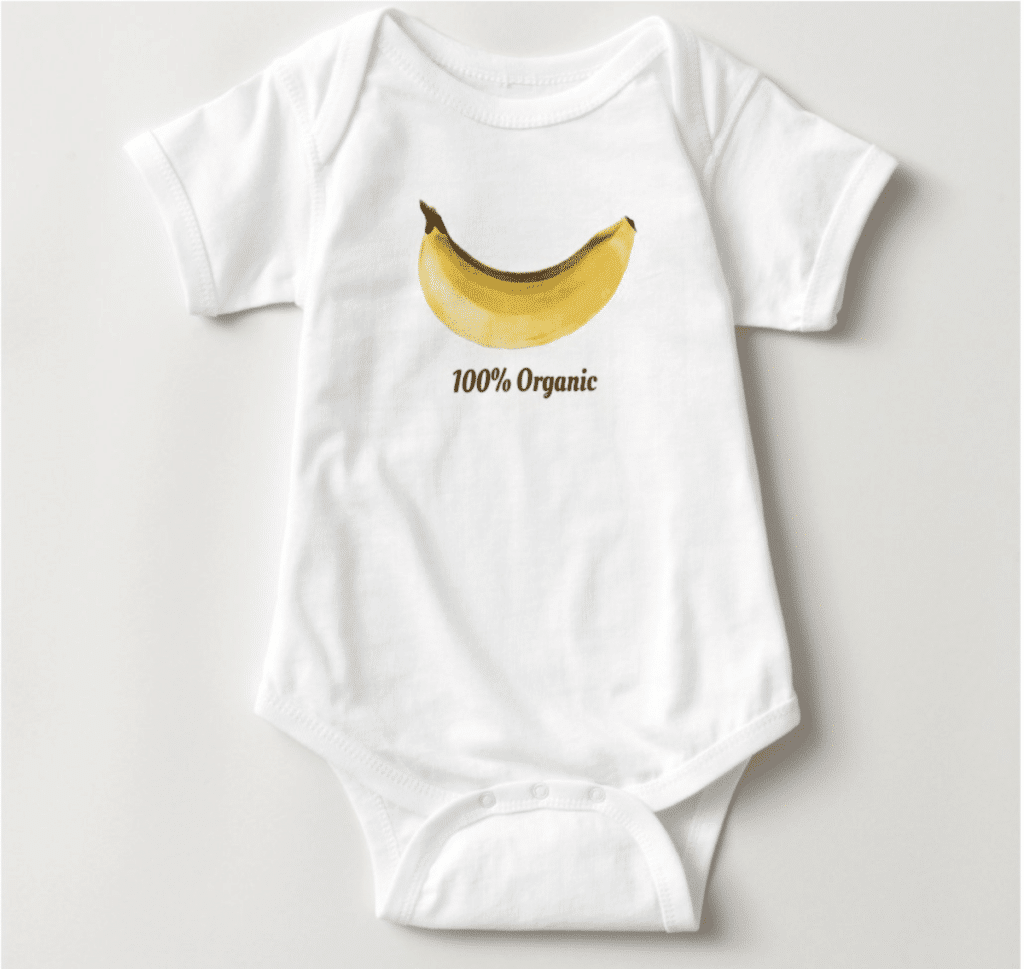 White onesie for infants featuring a banana graphic with the text '100% Organic' below.