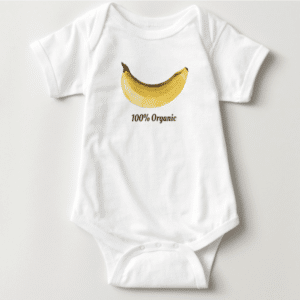 White onesie for infants featuring a banana graphic with the text '100% Organic' below.