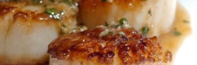 Close-up of golden-brown pan-seared scallops with herb wine sauce.