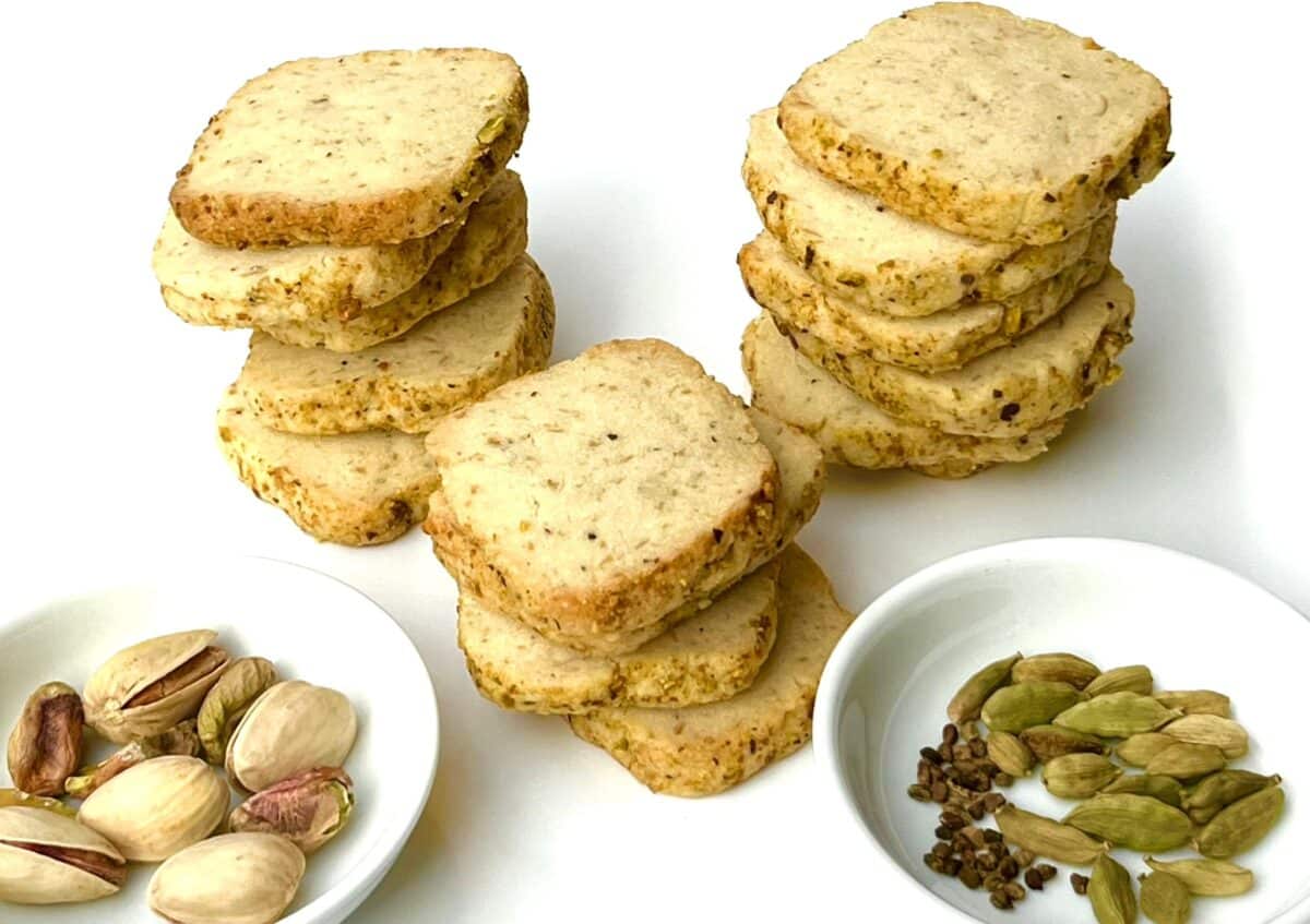 Pistachios and pile of shortbread cookies