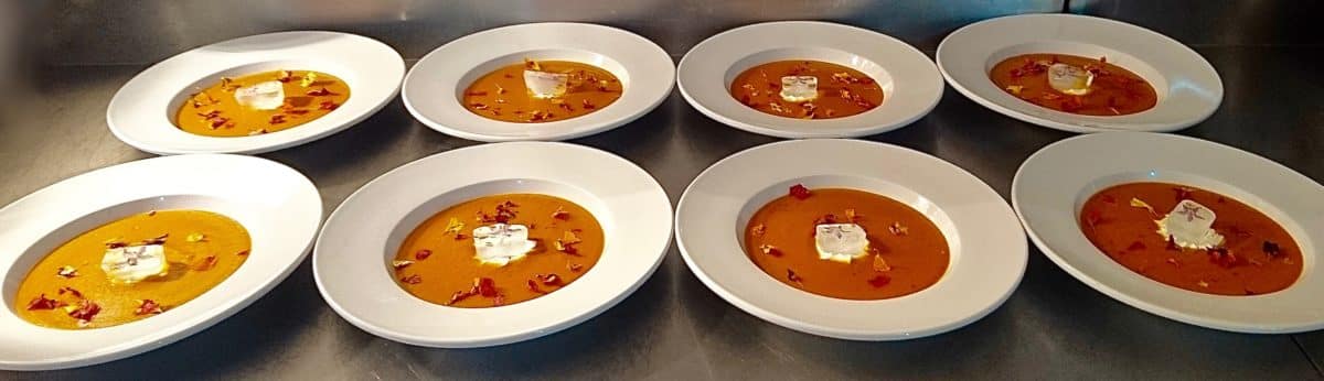 ROASTED SWEET PEPPER AND MUSIKA SOUP WITH GREEK YOGHURT AND EDIBLE FLOWERS 2