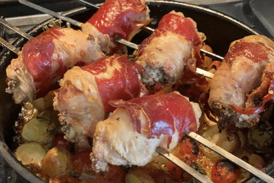 skewers of Sicilian chicken cooking