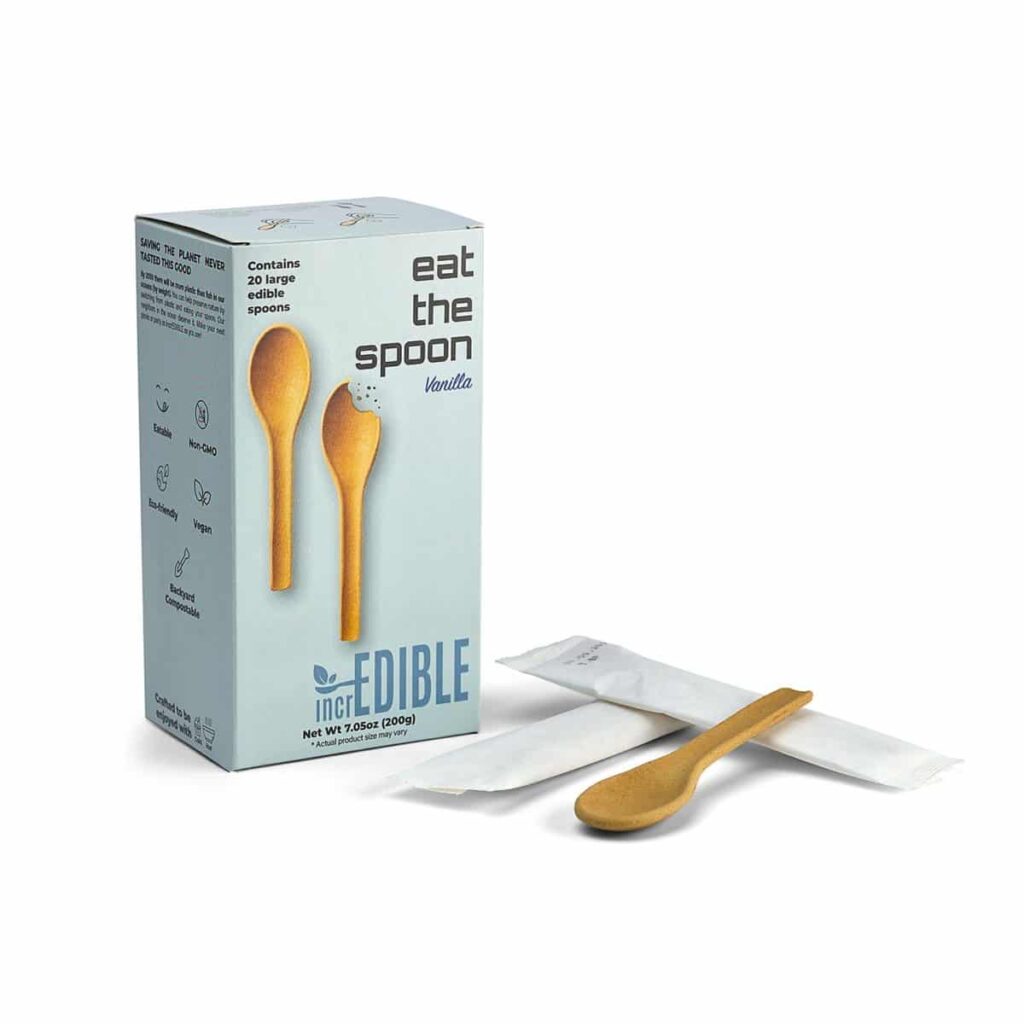 A pack of vanilla flavored edible spoons by IncrEDIBLE