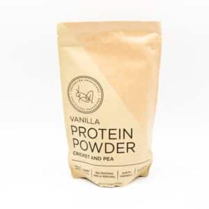 Vanilla flavored protein powder labeled as 