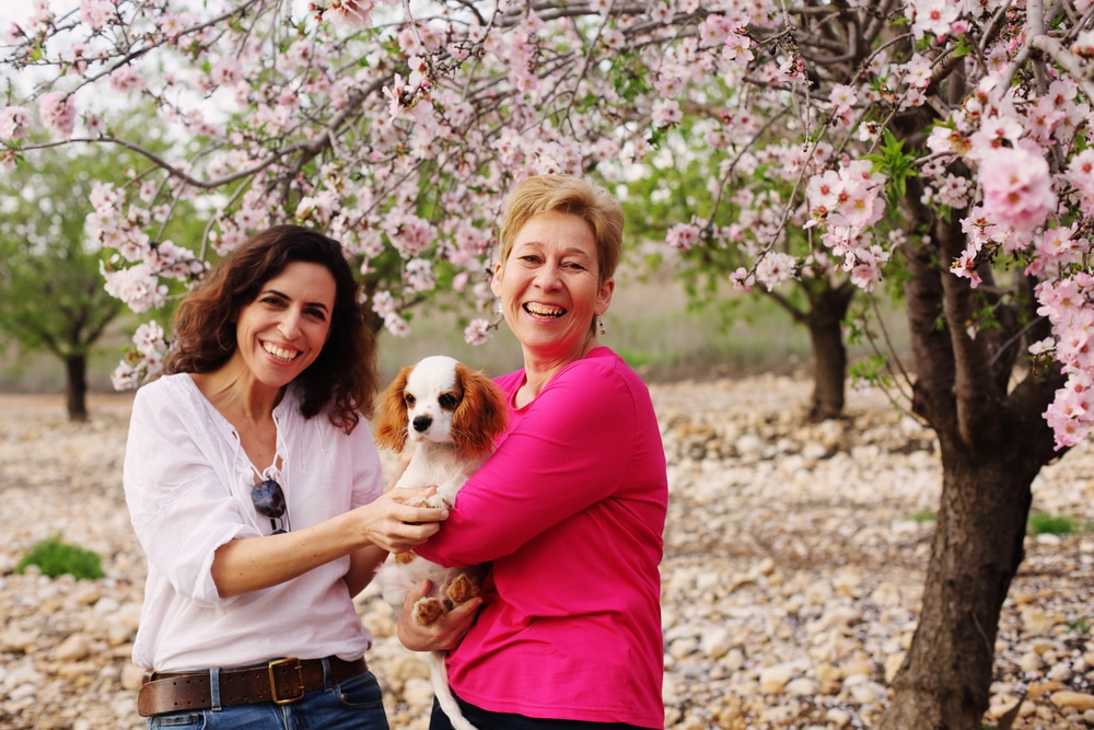 Two women, holding puppy, standing in blossoming orchard